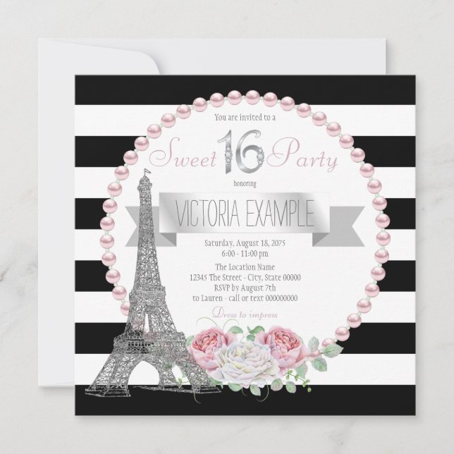 Convites Festa Black Stripe Paris Sweet 16 (Frente)