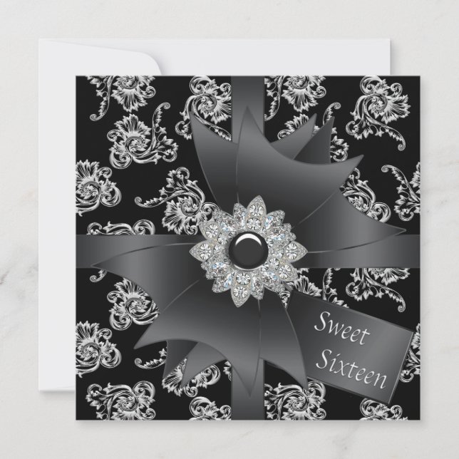 Convites Festa Black Sweet 16 Damask Preto Branco (Frente)