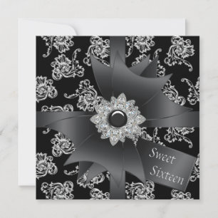 Convites Festa Black Sweet 16 Damask Preto Branco