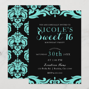 Convites Festa Black & Teal Damask Chic Elegante Doce 16