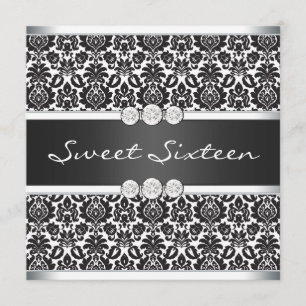 Convites Festa Black White Damask Sweet 16