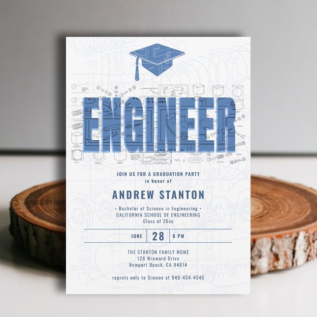 Convites Festa Branca do Boné de Engenheiro de Graduação de (engineering engineer graduation ceremony party invitation white blue grad cap modern minimalist)