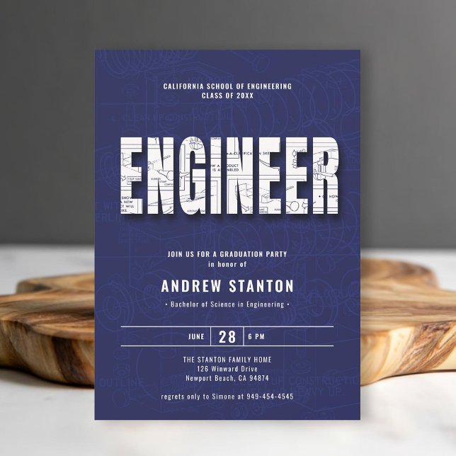 Convites Festa Branca do Marinho de Engenheiro de Graduação (engineering engineer graduation ceremony party invitation navy blue white template modern minimalist)