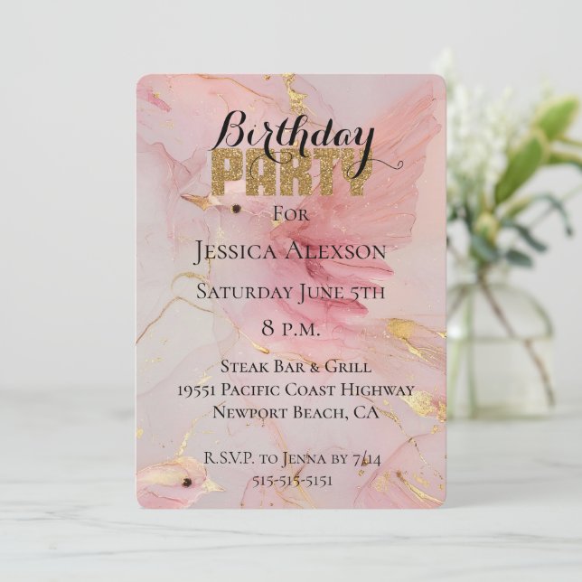 Convites Festa Brilho Dourado Rubor Rosa Pássaros Aniversár (Em pé/Frente)
