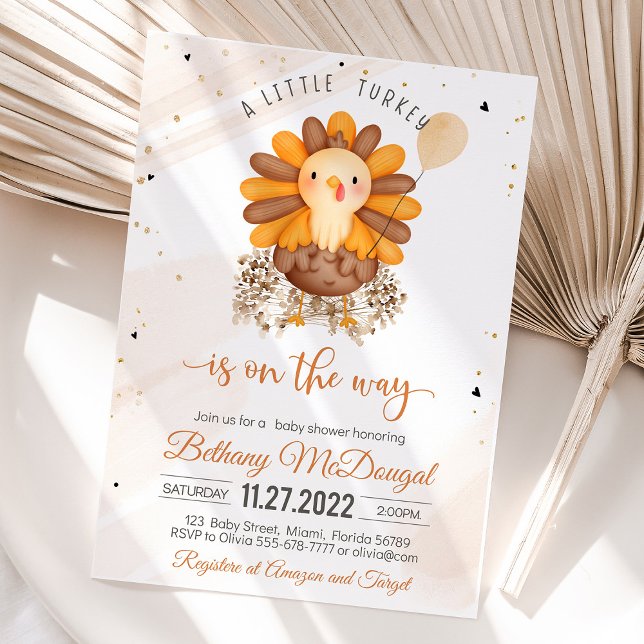Convites Festa Chá de fraldas de Ação de Graças da Pequena  (Little Turkey On The Way! Thanksgiving baby shower favor tags with turkey design, warm autumn colors)