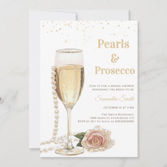Convites Festa Chá de Noiva Pérolas Elegantes e Prosecco (Frente)