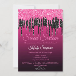Convites Festa Chic Black Hot Pink Glitter Sweet Sixteen