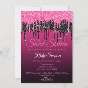 Convites Festa Chic Black Hot Pink Glitter Sweet Sixteen