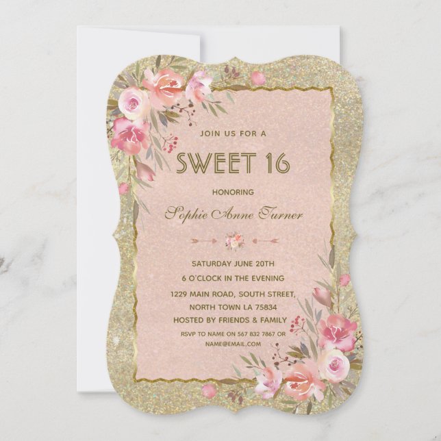Convites Festa Chic Glitter Dourado Blush Floral Doce Dezes (Frente)