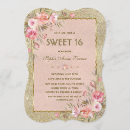 Convites Festa Chic Glitter Dourado Blush Floral Doce Dezes