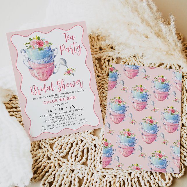 Convites Festa Chic Pink Wave Floral Chá de panela Tea (Pink wave bridal shower tea party great for anyone who likes chic invitation designs.)