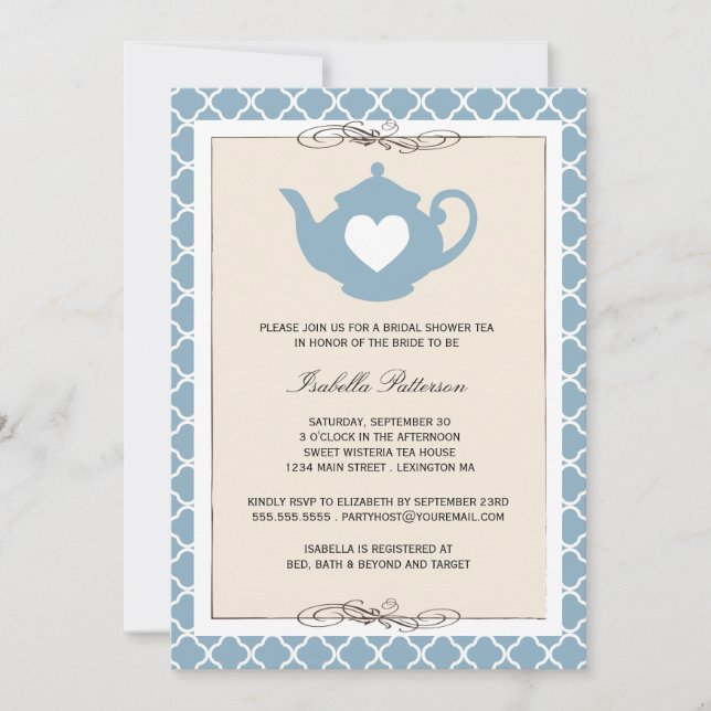 Convites Festa Chic Tan & Blue Teapot Chá de panela Tea (Frente)