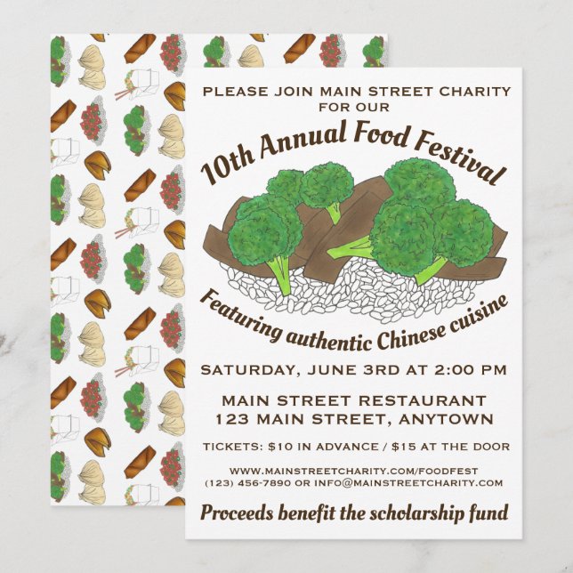 Convites Festa Chinesa de Carne de Bovino e Comida de Bróco (Frente/Verso)