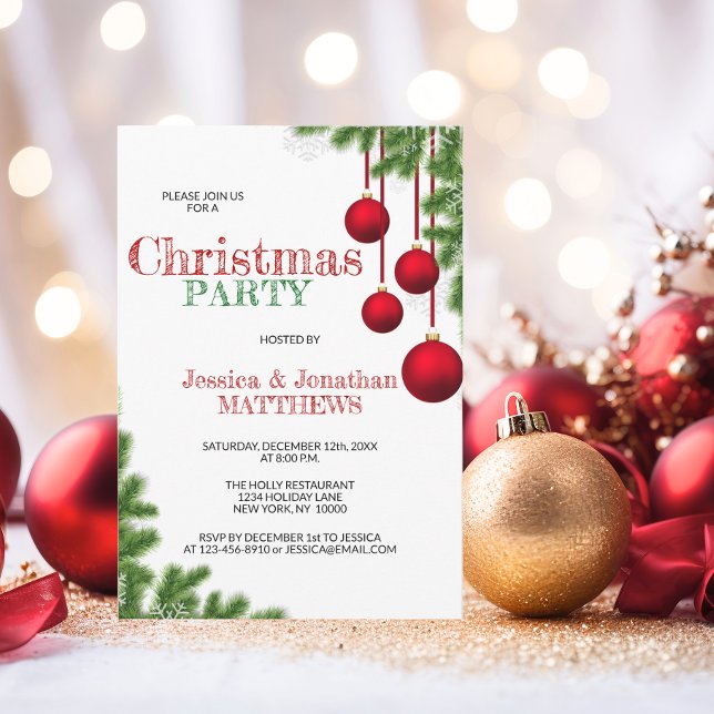 Convites FESTA CHRISTMAS Neve Verde Vermelha Pine (CHRISTMAS PARTY Red Green Ornament Pine Snow Invitation)