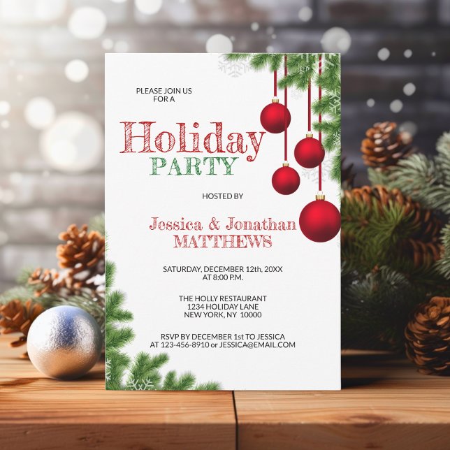 Convites FESTA CHRISTMAS Neve Verde Vermelha Pine (CHRISTMAS HOLIDAY PARTY Red Green Ornament Pine Snow Invitation)