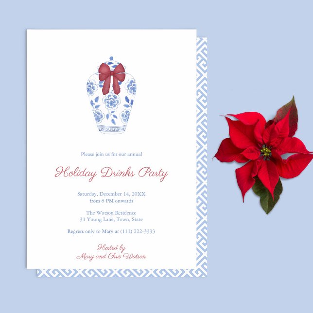 Convites Festa Clássica de Feriados do Arco Vermelho Ginger (Elegant Holiday Drinks Party invitation featuring a watercolor ginger jar with festive red bow)