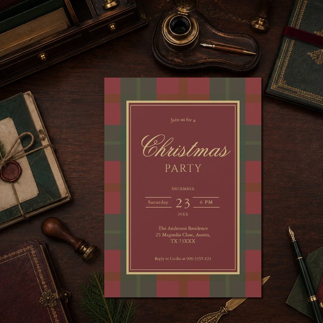 Convites Festa Clássica de Natal Xadrez Vermelho e Verde (Classic Tartan Red Green Family Christmas Dinner Party Invitation)