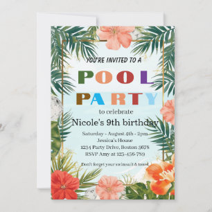 Convites Festa Colorida de Aniversário de 9 anos na Piscina