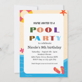 Convites Festa Colorida de Aniversário de 9 Anos na Piscina