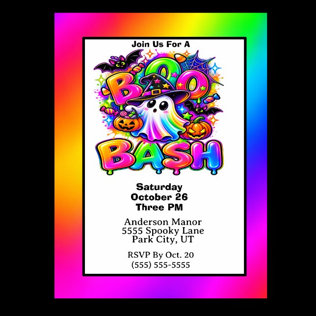 Convites Festa Colorida de Halloween Boo Bash (Colorful Boo Bash Halloween Party Invitation For Children.)