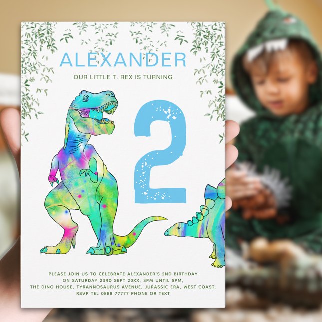 Convites Festa Colorida do segundo aniversário do Dinossaur (Colorful dinosaur 2nd birthday party invitation invitation blue green watercolor T-Rex & Stegosaurus)