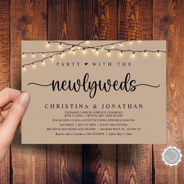 Convites Festa Com Os Newlyweds, Janto Russo De Casamento (Party With The Newlyweds, Rustic Wedding Dinner Invitation Card, PDF, String Lights Brown Kraft)