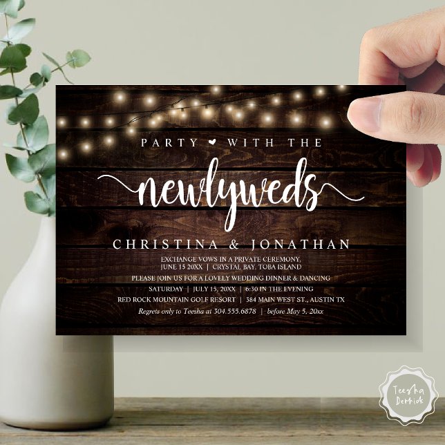 Convites Festa Com Os Newlyweds, Janto Russo De Casamento (Party With The Newlyweds, Rustic Wedding Dinner Invitation card, pdf, in cottage dark wood)