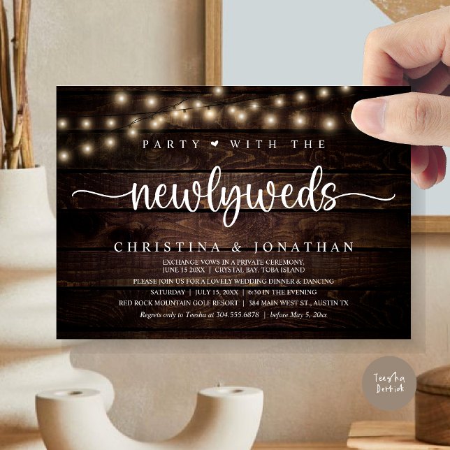 Convites Festa Com Os Newlyweds, Janto Russo De Casamento (Party With The Newlyweds, Rustic Wedding Dinner Invitation card, pdf, in cottage dark wood)
