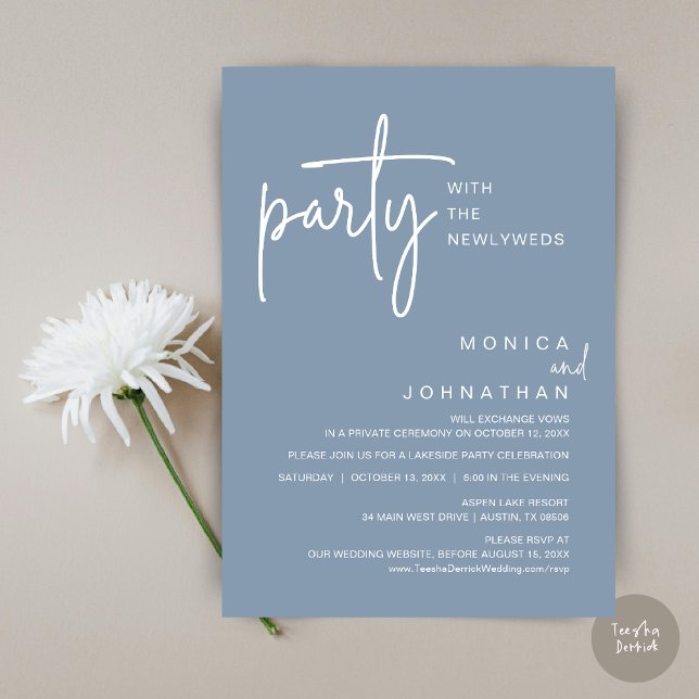 Convites Festa Com Os Recém-Casados, Janto De Casamento (Party with the newlyweds, Post wedding dinner celebration invitation card, PDF, in Dusty Blue)