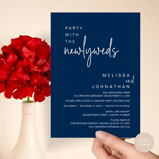 Convites Festa Com Os Recém-Casados, Janto De Casamento (Party with the newlyweds, Post wedding dinner celebration invitation card, PDF, in Navy Blue)