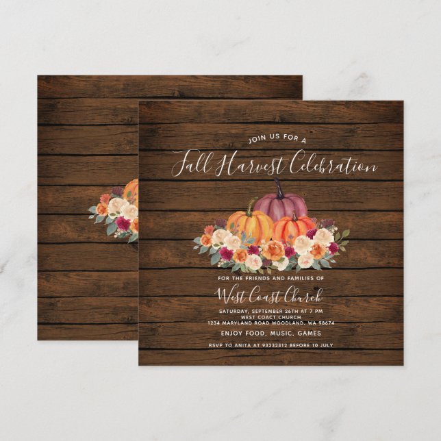 Convites Festa Comunitária de Colheita de Outono da Abóbora (Frente/Verso)