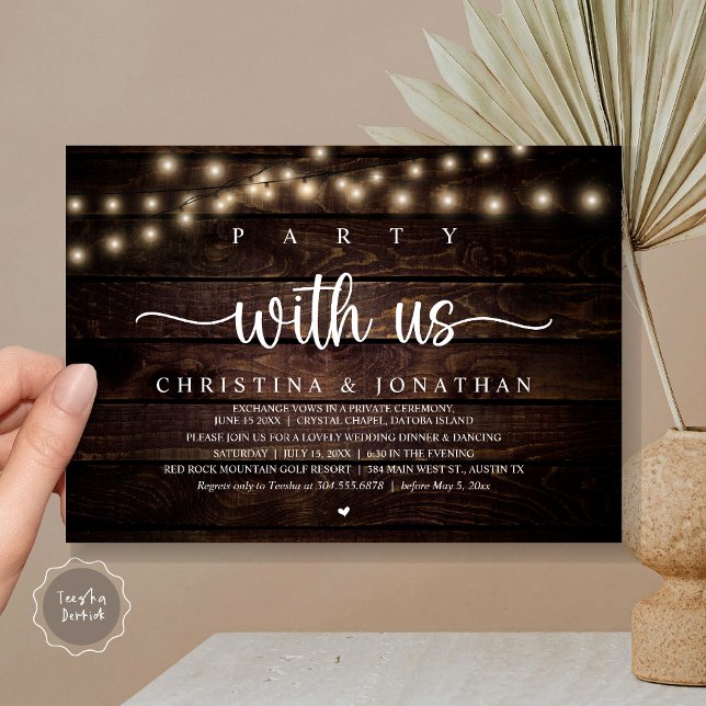 Convites Festa conosco, Elopemento Jante Russo de Casamento (Party with us, Rustic Wedding Dinner Elopement Invitation card, pdf, in cottage dark wood)