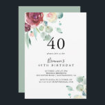 Convites Festa Contemporânea de aniversário de 40 anos Flor<br><div class="desc">Este convite de festas de aniversário de 40 anos floral de eucalipto contemporâneo é perfeito para uma festa de aniversário moderna. A design apresenta cor d'água púrpura,  pincelada,  bordo e adoráveis peonias burras com folhas verdes de eucalipto,  inspiradora beleza artística.</div>