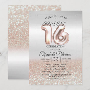 Convites Festa Cool Silver Rose Gold Bokeh Sweet 16