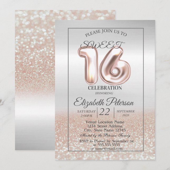 Convites Festa Cool Silver Rose Gold Bokeh Sweet 16 (Frente/Verso)