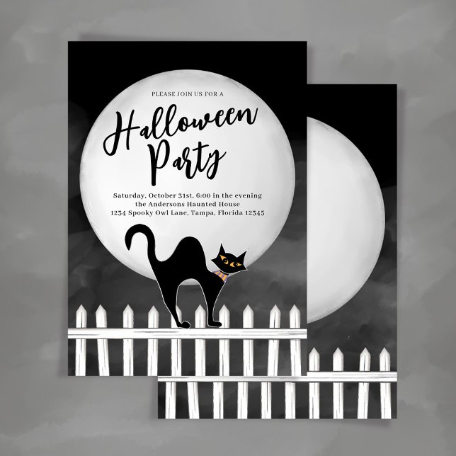 Convites Festa Customizada de Halloween de Gato Preto Assus (Spooky black cat Halloween Party Invitations.)