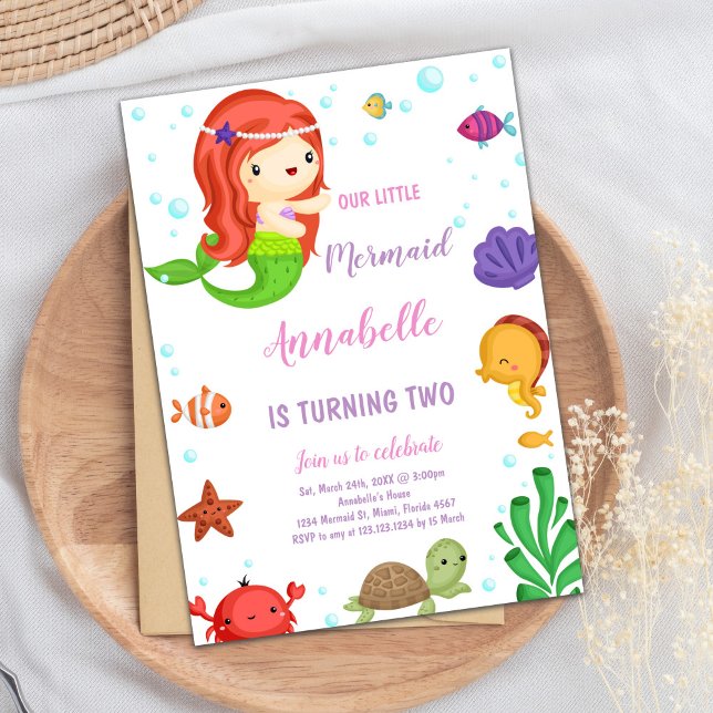 Convites Festa "Cute under Sea Party" Convide para Rapariga (Little Orange Hair Mermaid Invitations)