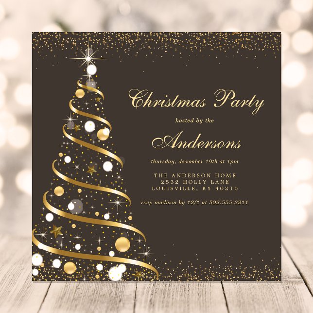 Convites Festa da Árvore de Natal Elegante Marrom Dourado B (Criador carregado)