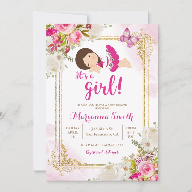 Convites Festa da Borboleta Flores Rosa Mexicanas Chás de B (Frente)