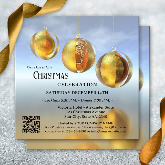 Convites Festa da Companhia de Natal Moderna Abstrato (Corporate holiday party invitation featuring artistic golden Christmas balls + QR code template )