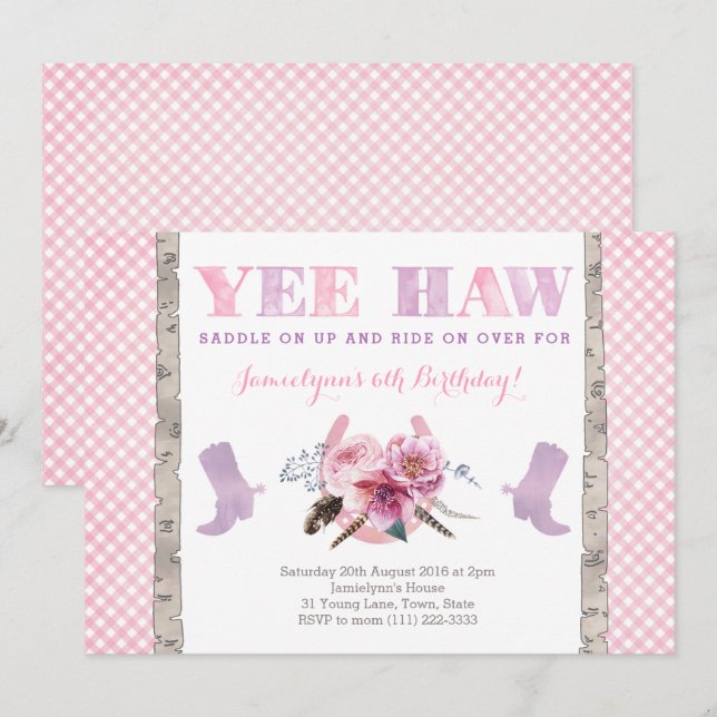 Convites festa da cowgirl convidada com botas e ferradura (Frente/Verso)
