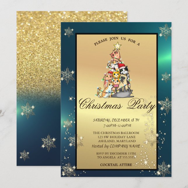 Convites Festa da Empresa Pine Tree,Cats,Snowflakes  (Frente/Verso)