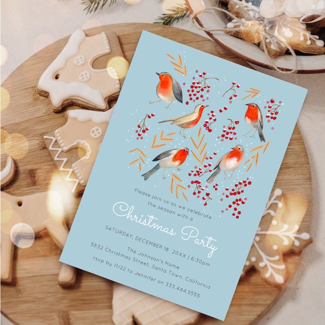 Convites Festa da Família de Natal Azul Robin Blue Bird (Cute Bird Red Robin Blue Christmas Family Party Invitation)