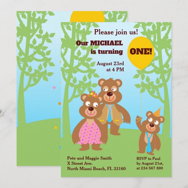 Convites Festa da Família de Ursos de Mel primeiro aniversa (Frente/Verso)