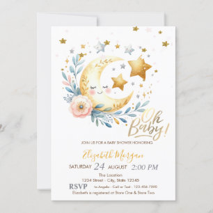 Convites Festa da Lua Flores Estrelas Chá de Bebê