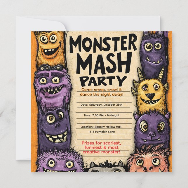 Convites "Festa da Mistura de Monstros" com Monstros Fofos (Frente)