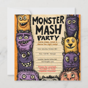 Convites "Festa da Mistura de Monstros" com Monstros Fofos