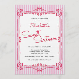 Convites Festa da Princesa Glam com Listras Rosas Sweet 16 