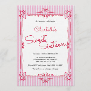 Convites Festa da Princesa Glam com Listras Rosas Sweet 16