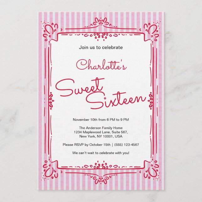 Convites Festa da Princesa Glam com Listras Rosas Sweet 16  (Frente)